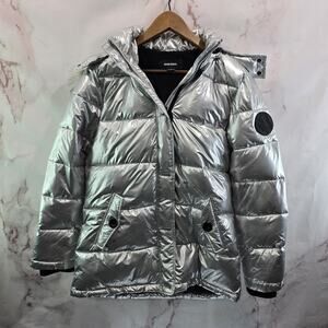 Diesel Coat Girls 16 XL Silver Puffer Faux Fur Hood Quilted Metallic Women M Pet